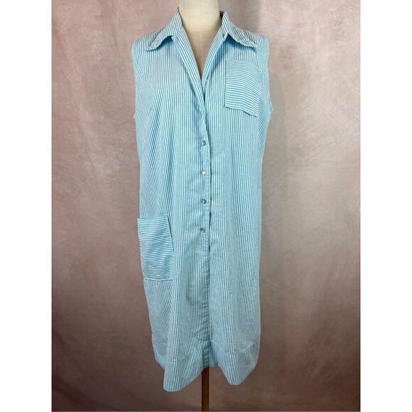 Vintage 1960s Blue Striped Button Front Dress Mod - Picture 1 of 7